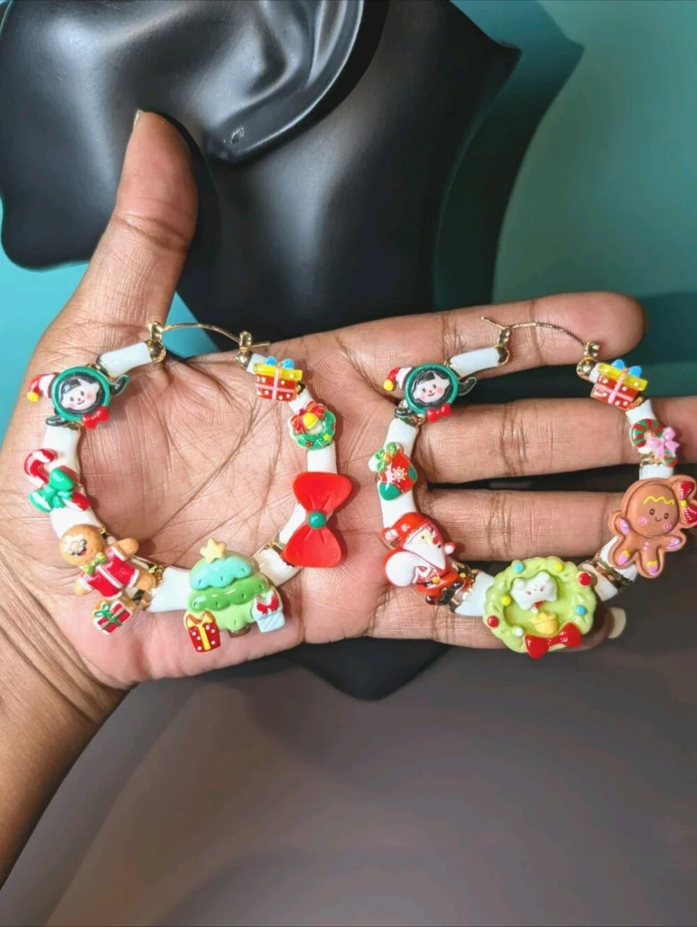 Hand Crafted Christmas Charm Medium Hoop Earrings in Red, Green, White & Gold
